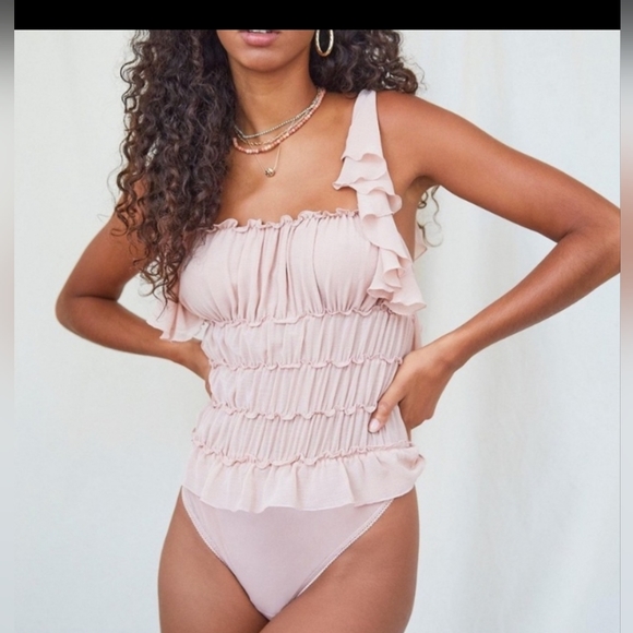 Free People Tops - Free People Intimate Nude/Peach Ruffle Flutter Sleeve Bodysuit Size S